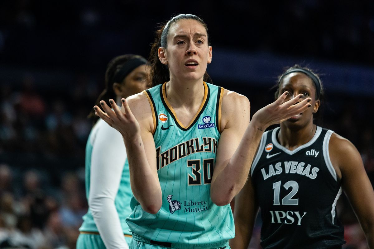 New York Liberty forward Breanna Stewart (30) questions a referee call during a WNBA game between the Las Vegas Aces and the New York Liberty, Tuesday June 23, 2026 in Las Vegas, Nev. New York Liberty forward Breanna Stewart (30) questions a referee call during a WNBA game between the Las Vegas Aces and the New York Liberty, Tuesday June 23, 2026 in Las Vegas, Nev.