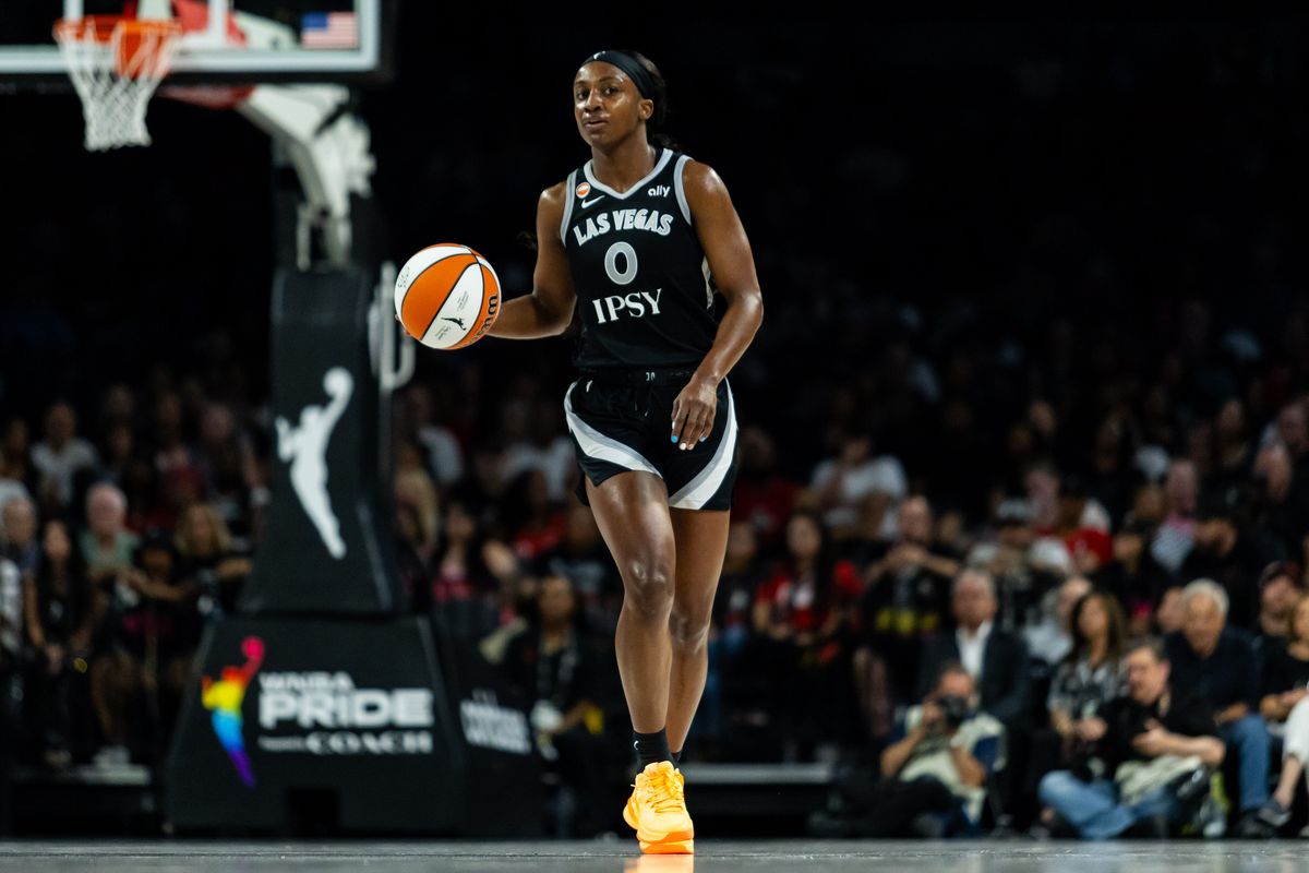Las Vegas Aces guard Jackie Young (0) dribbles the ball up the court during a WNBA game between the Las Vegas Aces and the New York Liberty, Tuesday June 23, 2026 in Las Vegas, Nev. Las Vegas Aces guard Jackie Young (0) dribbles the ball up the court during a WNBA game between the Las Vegas Aces and the New York Liberty, Tuesday June 23, 2026 in Las Vegas, Nev.