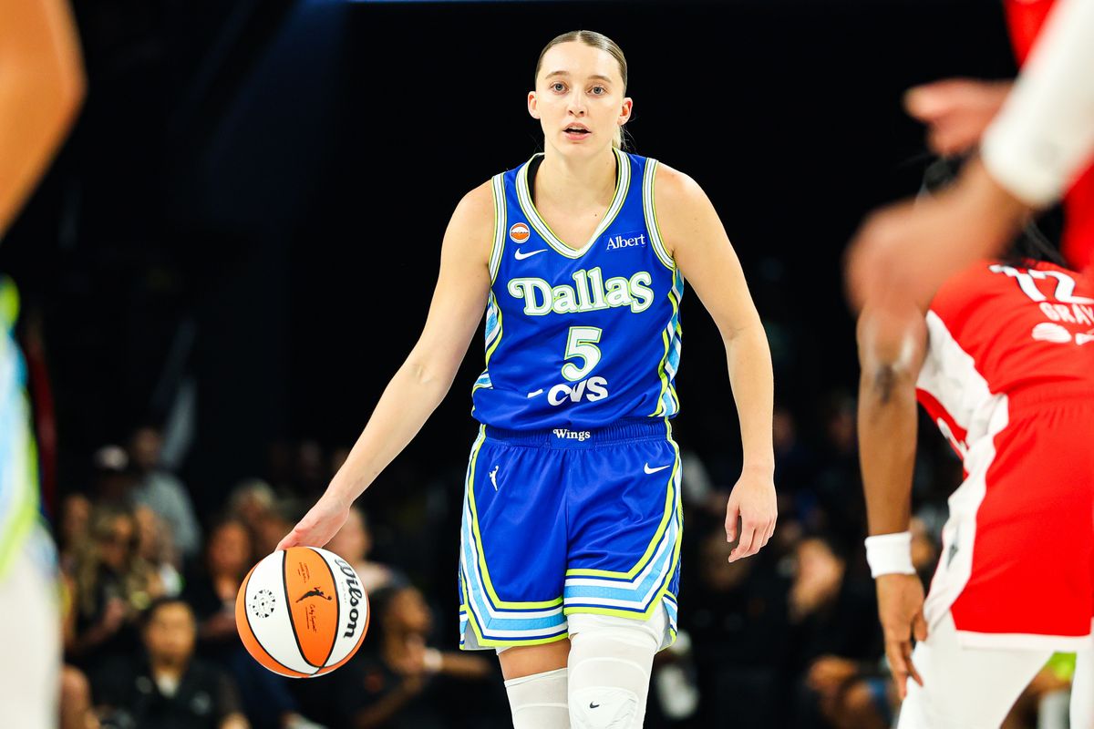 Dallas Wings guard Paige Bueckers (5) seen with the ball during a WNBA game against the Las Vegas Aces on Thursday, June 25, 2026, at Michelob ULTRA Arena in Las Vegas, Nevada.