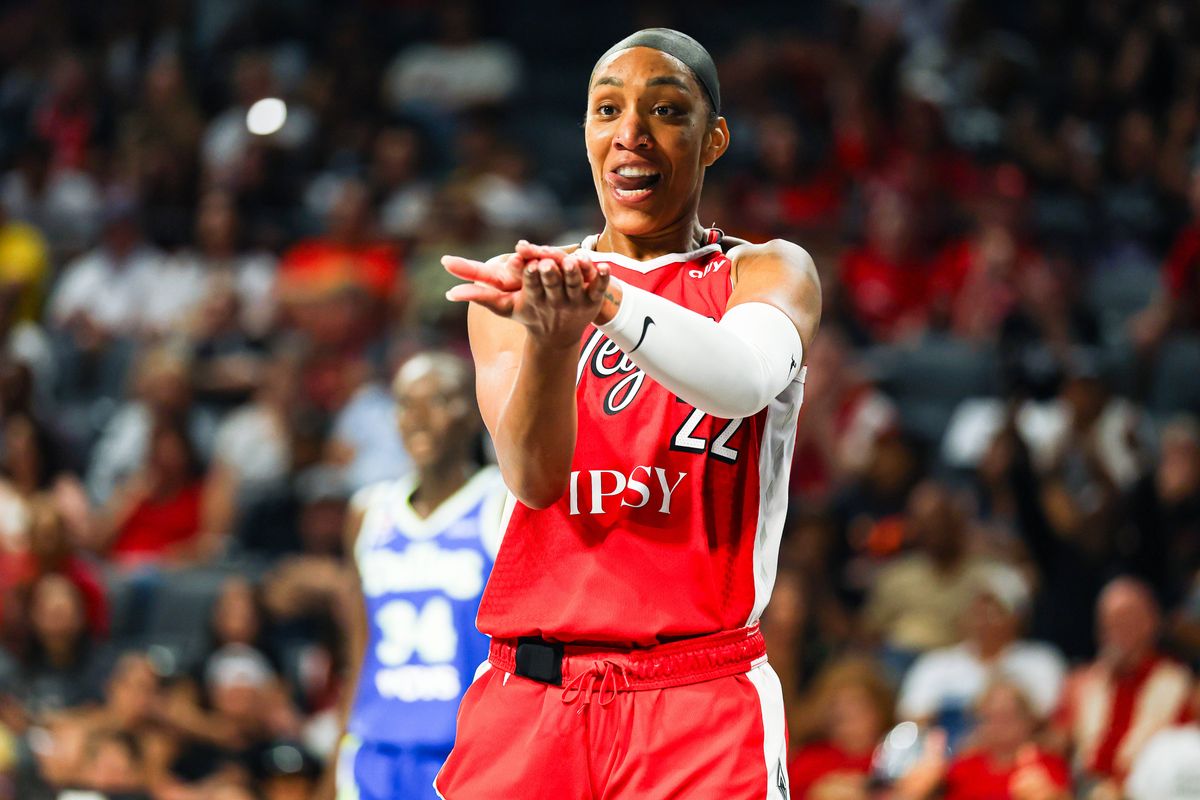 Las Vegas Aces center A’ja Wilson (22) reacts after a jump-ball is called during a WNBA game against the Dallas Wings on Thursday, June 25, 2026, at Michelob ULTRA Arena in Las Vegas, Nevada.