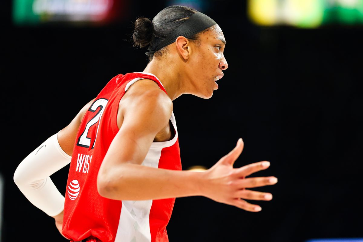 Las Vegas Aces center A’ja Wilson (22) reacts after scoring a contested basket against the Dallas Wings on Thursday, June 25, 2026, at Michelob ULTRA Arena in Las Vegas, Nevada.