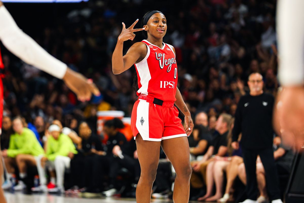 Las Vegas Aces guard Jackie Young (0) reacts after draining a three-point shot against the Dallas Wings on Thursday, June 25, 2026, at Michelob ULTRA Arena in Las Vegas, Nevada.