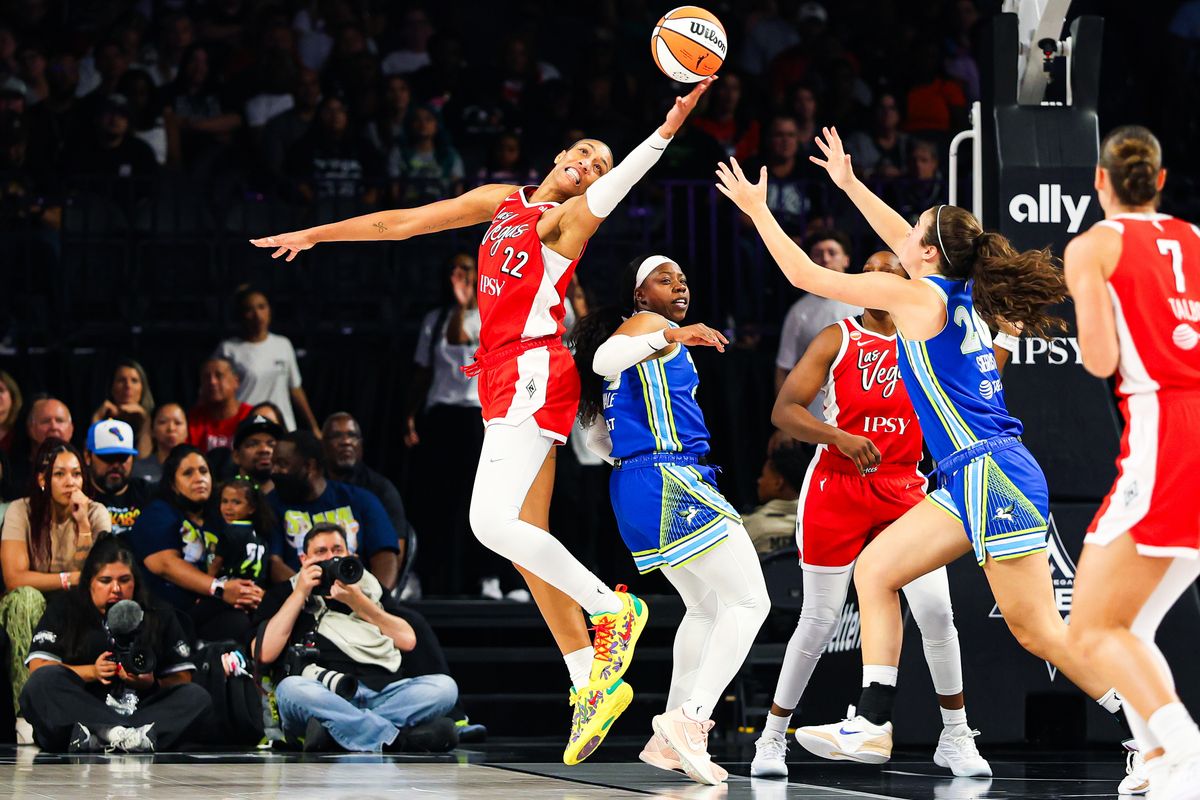 Las Vegas Aces center A’ja Wilson (22) reaches for the loose ball during a WNBA game against the Dallas Wings on Thursday, June 25, 2026, at Michelob ULTRA Arena in Las Vegas, Nevada.