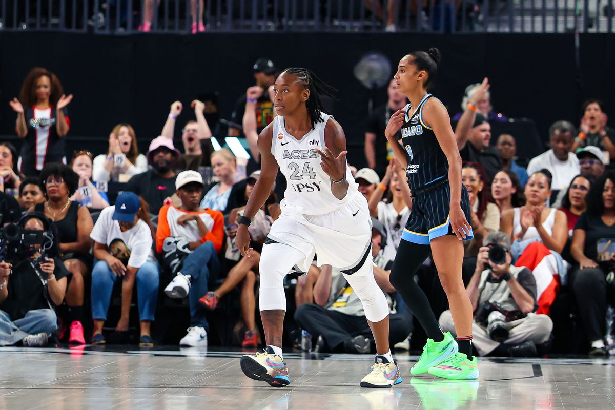 Las Vegas Aces guard Jewell Loyd (24) reacts after scoring a three-point basket against the Chicago Sky on Friday, July 3, 2026, at T-Mobile Arena in Las Vegas, Nevada.