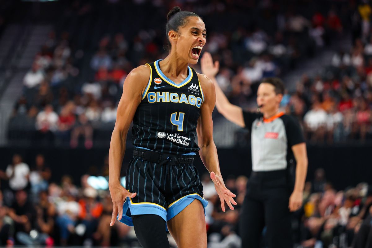 Chicago Sky guard Skylar Diggins (4) reacts after scoring a three-point basket against the Las Vegas Aces on Friday, July 3, 2026, at T-Mobile Arena in Las Vegas, Nevada.