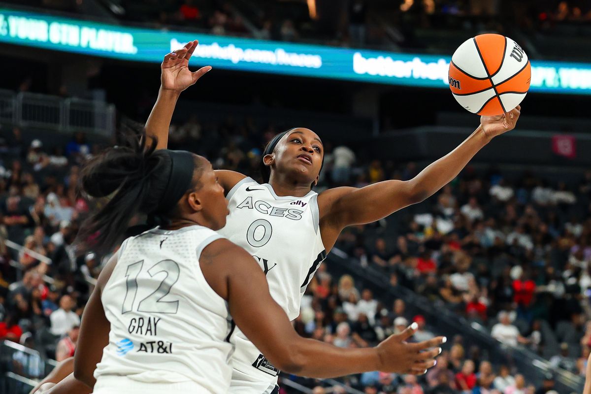 Las Vegas Aces guard Jackie Young (0) recovers a defensive rebound against the Chicago Sky on Friday, July 3, 2026, at T-Mobile Arena in Las Vegas, Nevada.