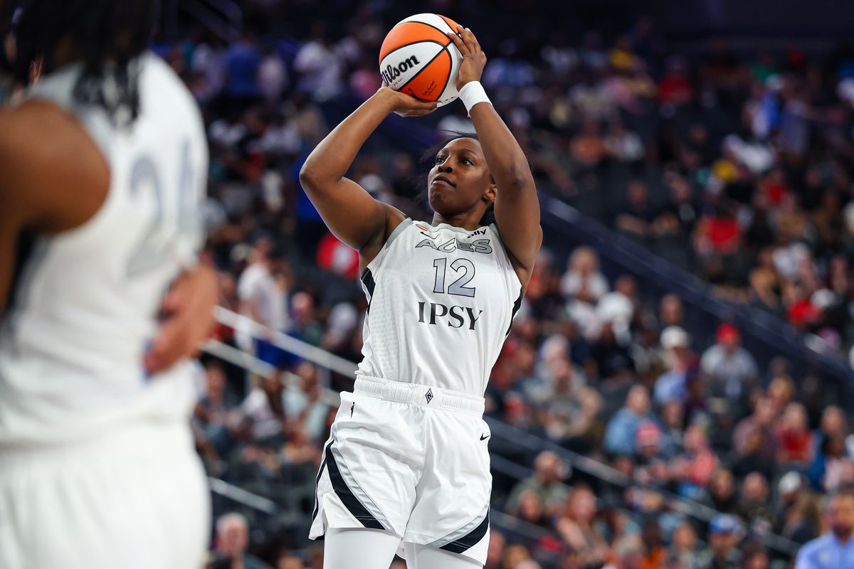 Las Vegas Aces guard Chelsea Gray (12) shoots the ball during a WNBA game against the Chicago Sky on Friday, July 3, 2026, at T-Mobile Arena in Las Vegas, Nevada.