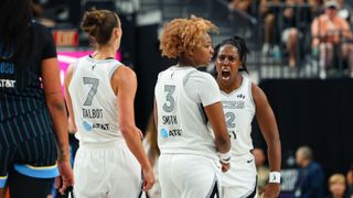 TST Images: Aces defeat the Sky, 98-90, in overtime at T-Mobile Arena taken at T-Mobile Arena (Las Vegas Aces). Photo by RJ Forbus - The Sporting Tribune