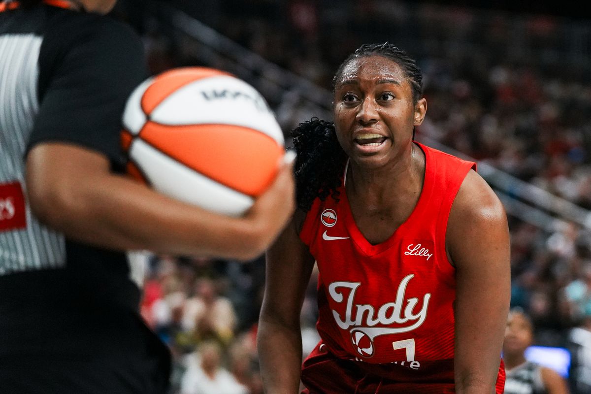Indiana Fever forward Aliyah Boston (7) pleads with the official for a review of play during WNBA game against the Las Vegas Aces on Sunday July 5, 2026 at T-Mobile Arena in Las Vegas. Indiana Fever forward Aliyah Boston (7) pleads with the official for a review of play during WNBA game against the Las Vegas Aces on Sunday July 5, 2026 at T-Mobile Arena in Las Vegas.
