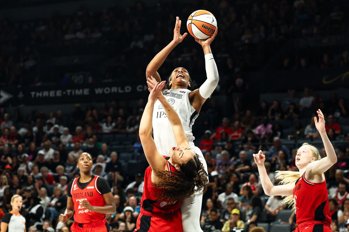 Las Vegas Aces center A’ja Wilson (22) shoots a contested lay-up against the Portland Fire on Tuesday, July 28, 2026, at Michelob ULTRA Arena in Las Vegas, Nevada.