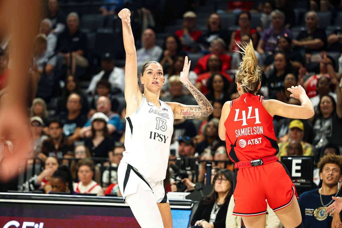 Las Vegas Aces guard Justine Pissott (13) scores a three-point basket against the Portland Fire on Tuesday, July 28, 2026, at Michelob ULTRA Arena in Las Vegas, Nevada.