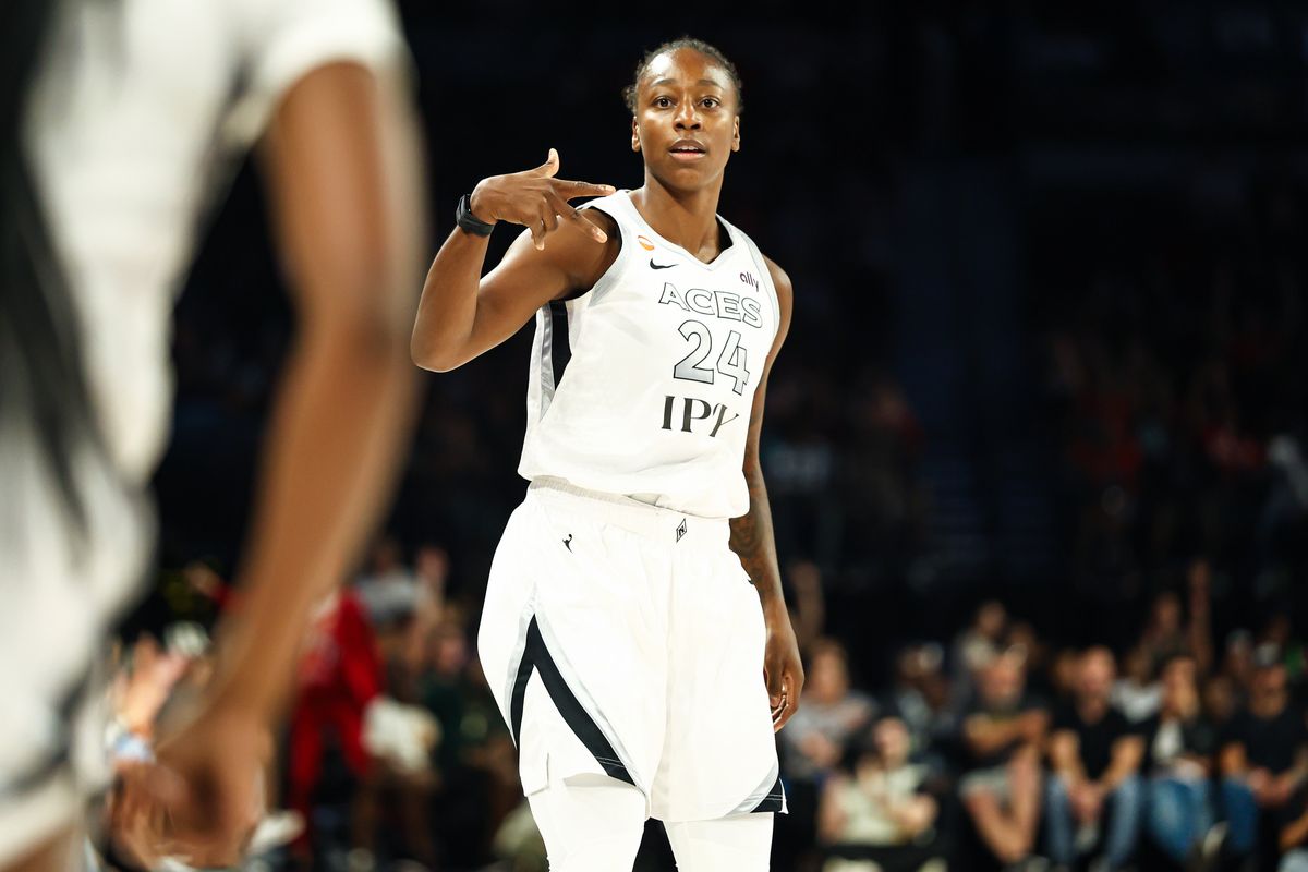Las Vegas Aces guard Jewell Loyd (24) reacts after scoring a three-point basket against the Portland Fire on Tuesday, July 28, 2026, at Michelob ULTRA Arena in Las Vegas, Nevada.