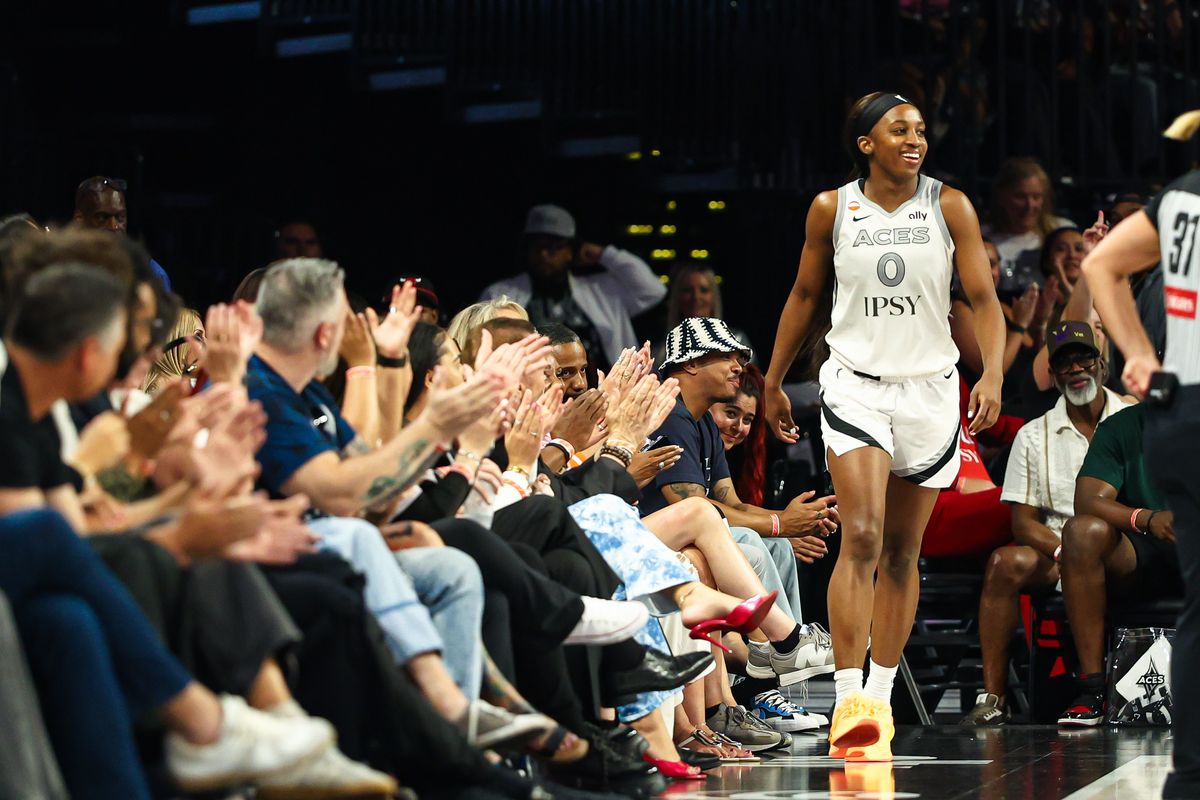 Las Vegas Aces guard Jackie Young (0) smiles after she drew a foul against the Portland Fire on Tuesday, July 28, 2026, at Michelob ULTRA Arena in Las Vegas, Nevada.