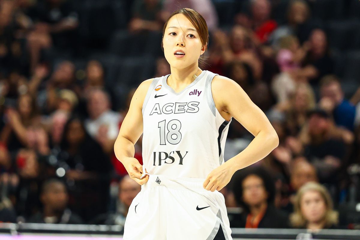 Las Vegas Aces guard Mai Yamamoto (18) takes the court late in the fourth quarter of a WNBA game against the Portland Fire on Tuesday, July 28, 2026, at Michelob ULTRA Arena in Las Vegas, Nevada.