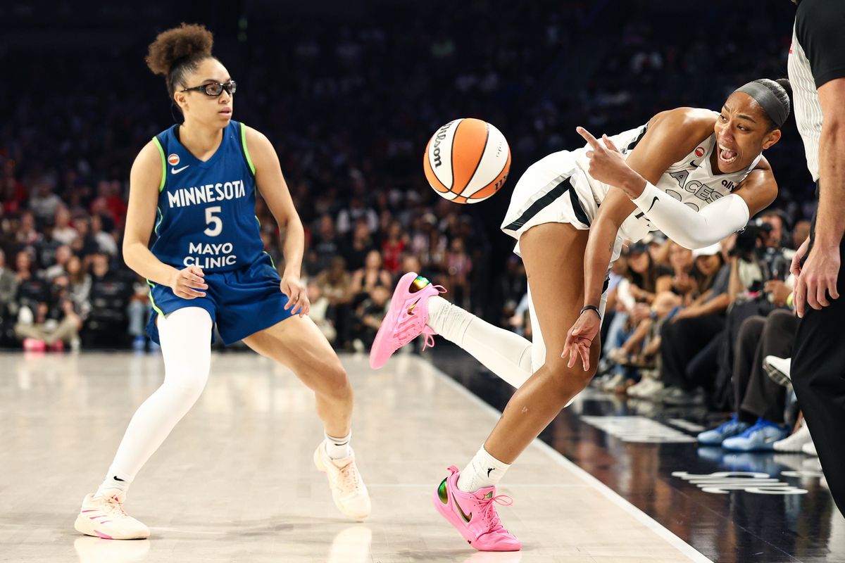 Las Vegas Aces center A'ja Wilson (22) passes the ball back inbounds during a WNBA game against the Minnesota Lynx on Saturday, August 15, 2026, at Michelob ULTRA Arena in Las Vegas, Nevada. Las Vegas Aces center A'ja Wilson (22) passes the ball back inbounds during a WNBA game against the Minnesota Lynx on Saturday, August 15, 2026, at Michelob ULTRA Arena in Las Vegas, Nevada.