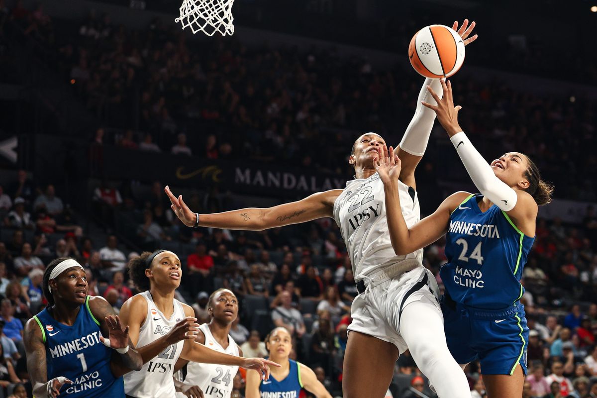 Las Vegas Aces center A'ja Wilson (22) blocks a shot attempt from Minnesota Lynx forward Napheesa Collier (24) to earn her 600th career block in the WNBA on Saturday, August 15, 2026, at Michelob ULTRA Arena in Las Vegas, Nevada. Las Vegas Aces center A'ja Wilson (22) blocks a shot attempt from Minnesota Lynx forward Napheesa Collier (24) to earn her 600th career block in the WNBA on Saturday, August 15, 2026, at Michelob ULTRA Arena in Las Vegas, Nevada.