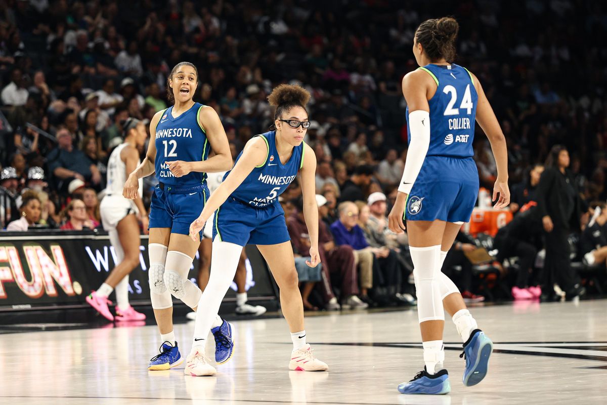Minnesota Lynx guard Olivia Miles (5) goes to high-five her teammate Minnesota Lynx forward Napheesa Collier (24) after a timeout was called during a WNBA game against the Las Vegas Aces on Saturday, August 15, 2026, at Michelob ULTRA Arena in Las Vegas, Nevada. Minnesota Lynx guard Olivia Miles (5) goes to high-five her teammate Minnesota Lynx forward Napheesa Collier (24) after a timeout was called during a WNBA game against the Las Vegas Aces on Saturday, August 15, 2026, at Michelob ULTRA Arena in Las Vegas, Nevada.