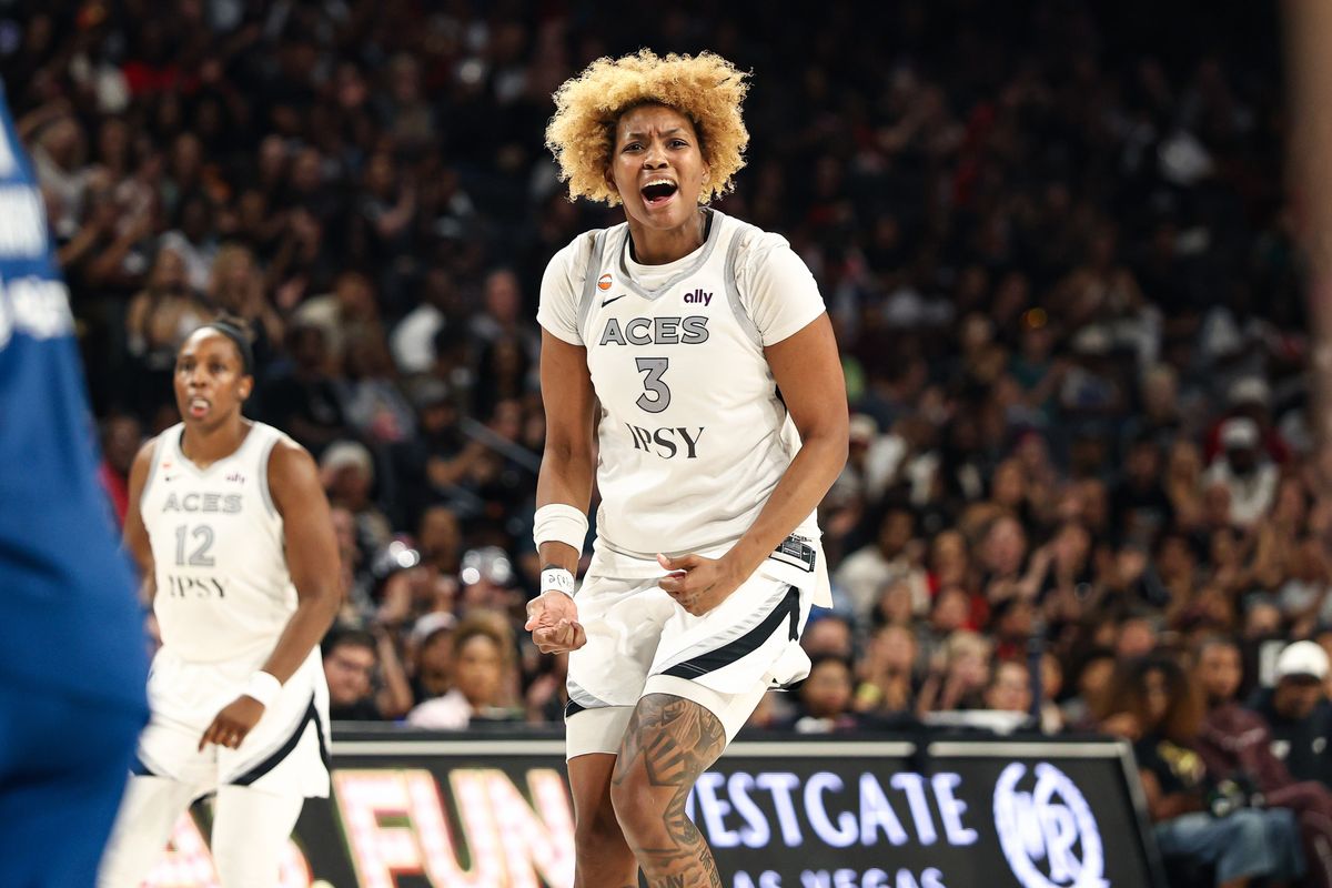 Las Vegas Aces forward NaLyssa Smith (3) reacts after scoring a basket against the Minnesota Lynx on Saturday, August 15, 2026, at Michelob ULTRA Arena in Las Vegas, Nevada. Las Vegas Aces forward NaLyssa Smith (3) reacts after scoring a basket against the Minnesota Lynx on Saturday, August 15, 2026, at Michelob ULTRA Arena in Las Vegas, Nevada.