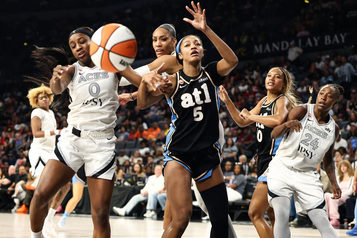 Las Vegas Aces center A'ja Wilson (22) blocks a shot attempt from Atlanta Dream forward Angel Reese (5) during a WNBA game on Tuesday, August 18, 2026, at Michelob ULTRA Arena in Las Vegas, Nevada. Las Vegas Aces center A'ja Wilson (22) blocks a shot attempt from Atlanta Dream forward Angel Reese (5) during a WNBA game on Tuesday, August 18, 2026, at Michelob ULTRA Arena in Las Vegas, Nevada.