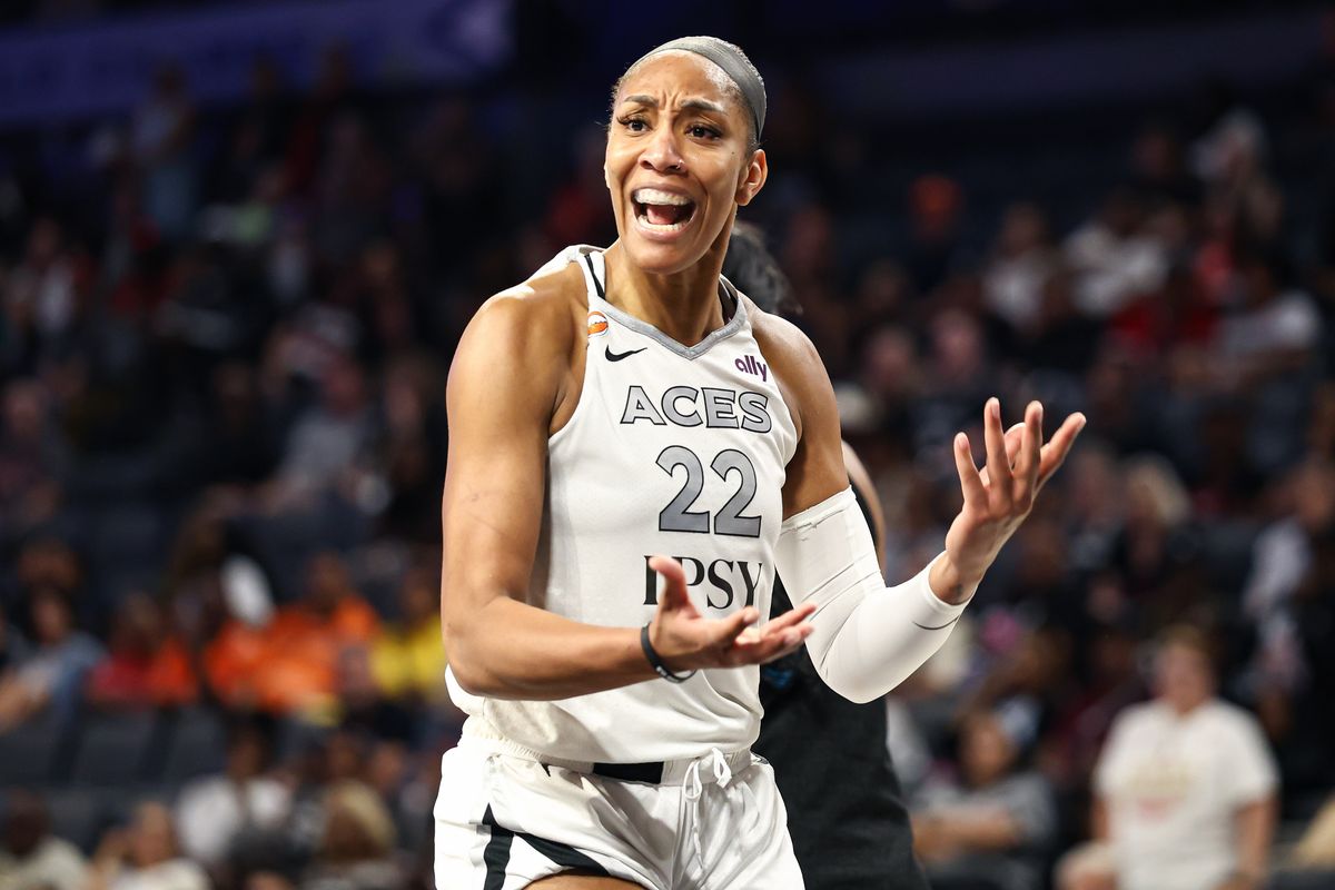 Las Vegas Aces center A'ja Wilson (22) reacts after she drew a foul from Atlanta Dream forward Angel Reese (5) during a WNBA game on on Tuesday, August 18, 2026, at Michelob ULTRA Arena in Las Vegas, Nevada. Las Vegas Aces center A'ja Wilson (22) reacts after she drew a foul from Atlanta Dream forward Angel Reese (5) during a WNBA game on on Tuesday, August 18, 2026, at Michelob ULTRA Arena in Las Vegas, Nevada.