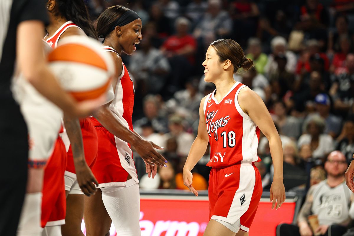 Las Vegas Aces guard Mai Yamamoto (18) reacts after a foul was called against the Connecticut Sun on Thursday, August 20, 2026, at Michelob ULTRA Arena in Las Vegas, Nevada. Las Vegas Aces guard Mai Yamamoto (18) reacts after a foul was called against the Connecticut Sun on Thursday, August 20, 2026, at Michelob ULTRA Arena in Las Vegas, Nevada.