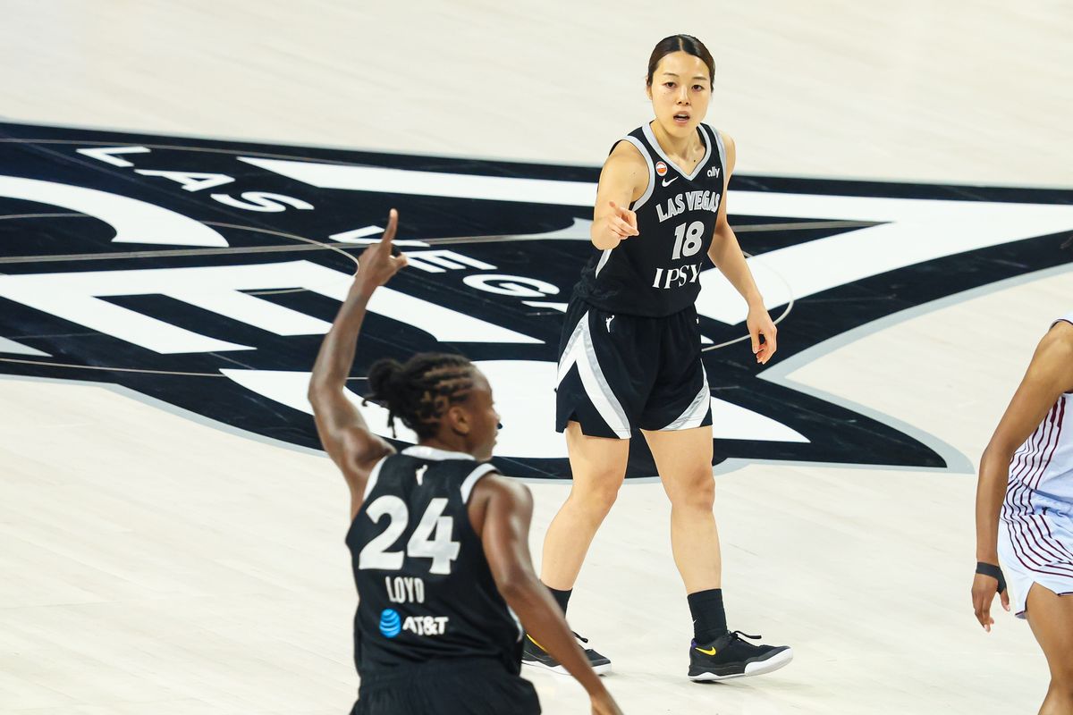 Las Vegas Aces guard Mai Yamamoto (18) points towards her teammate Las Vegas Aces guard Jewell Loyd (24) after Loyd assisted Yamamoto’s three-point basket against the Toronto Tempo on Friday, August 28, 2026, at Michelob ULTRA Arena in Las Vegas, Nevada. Las Vegas Aces guard Mai Yamamoto (18) points towards her teammate Las Vegas Aces guard Jewell Loyd (24) after Loyd assisted Yamamoto’s three-point basket against the Toronto Tempo on Friday, August 28, 2026, at Michelob ULTRA Arena in Las Vegas, Nevada.