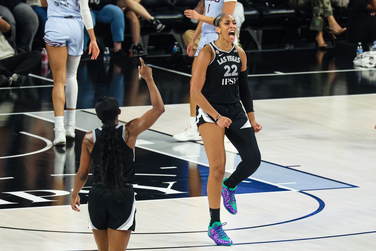 Las Vegas Aces center A'ja Wilson (22) reacts after drawing a foul after a shot made during the WNBA game against the Toronto Tempo on Friday, August 28, 2026, at Michelob ULTRA Arena in Las Vegas, Nevada. Las Vegas Aces center A'ja Wilson (22) reacts after drawing a foul after a shot made during the WNBA game against the Toronto Tempo on Friday, August 28, 2026, at Michelob ULTRA Arena in Las Vegas, Nevada.