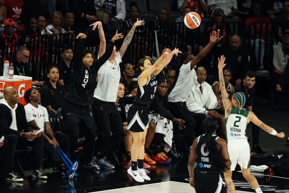 Las Vegas Aces guard Mai Yamamoto (18) shoots a three-point basket in the first quarter of the WNBA game against the Seattle Storm on Sunday, September 20, 2026, at Michelob ULTRA Arena in Las Vegas, Nevada. Las Vegas Aces guard Mai Yamamoto (18) shoots a three-point basket in the first quarter of the WNBA game against the Seattle Storm on Sunday, September 20, 2026, at Michelob ULTRA Arena in Las Vegas, Nevada.