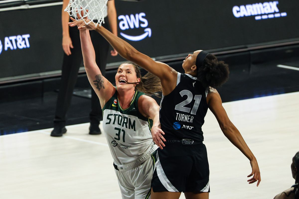 Las Vegas Aces forward/center Brianna Turner (21) blocks the shot attempt from Seattle Storm center Stefanie Dolson (31) in the first quarter of the WNBA game on Sunday, September 20, 2026, at Michelob ULTRA Arena in Las Vegas, Nevada. Las Vegas Aces forward/center Brianna Turner (21) blocks the shot attempt from Seattle Storm center Stefanie Dolson (31) in the first quarter of the WNBA game on Sunday, September 20, 2026, at Michelob ULTRA Arena in Las Vegas, Nevada.