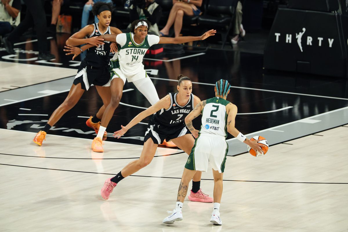 Las Vegas Aces forward Stephanie Talbot (7) defends against Seattle Storm guard Natisha Hiedeman (2) in the third quarter of the WNBA game on Sunday, September 20, 2026, at Michelob ULTRA Arena in Las Vegas, Nevada. Las Vegas Aces forward Stephanie Talbot (7) defends against Seattle Storm guard Natisha Hiedeman (2) in the third quarter of the WNBA game on Sunday, September 20, 2026, at Michelob ULTRA Arena in Las Vegas, Nevada.