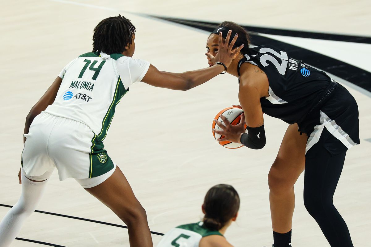 Las Vegas Aces center A'ja Wilson (22) looks to make a pass guarded by Seattle Storm center Dominique Malonga (14) in the fourth quarter of the WNBA game on Sunday, September 20, 2026, at Michelob ULTRA Arena in Las Vegas, Nevada. Las Vegas Aces center A'ja Wilson (22) looks to make a pass guarded by Seattle Storm center Dominique Malonga (14) in the fourth quarter of the WNBA game on Sunday, September 20, 2026, at Michelob ULTRA Arena in Las Vegas, Nevada.