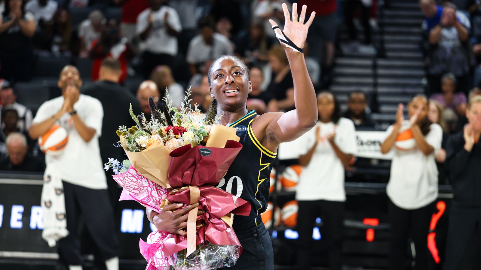 Los Angeles Sparks forward Nneka Ogwumike (30) waves to the crowd as she is honored for her upcoming retirement prior to the WNBA game against the Las Vegas Aces on Tuesday, September 22, 2026, at Michelob ULTRA Arena in Las Vegas, Nevada. Los Angeles Sparks forward Nneka Ogwumike (30) waves to the crowd as she is honored for her upcoming retirement prior to the WNBA game against the Las Vegas Aces on Tuesday, September 22, 2026, at Michelob ULTRA Arena in Las Vegas, Nevada.