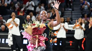 Players, coaches give their flowers to Nneka Ogwumike taken in Los Angeles (Los Angeles Sparks). Photo by RJ Forbus - The Sporting Tribune