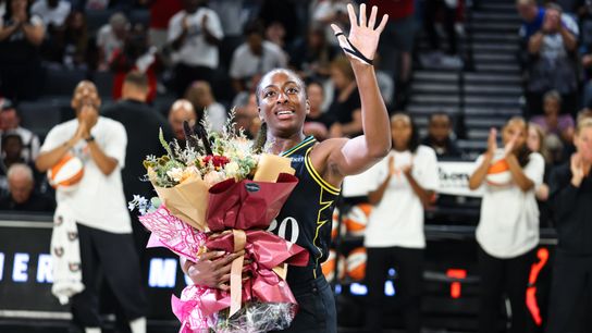 Los Angeles Sparks forward Nneka Ogwumike (30) waves to the crowd as she is honored for her upcoming retirement prior to the WNBA game against the Las Vegas Aces on Tuesday, September 22, 2026, at Michelob ULTRA Arena in Las Vegas, Nevada. Los Angeles Sparks forward Nneka Ogwumike (30) waves to the crowd as she is honored for her upcoming retirement prior to the WNBA game against the Las Vegas Aces on Tuesday, September 22, 2026, at Michelob ULTRA Arena in Las Vegas, Nevada.