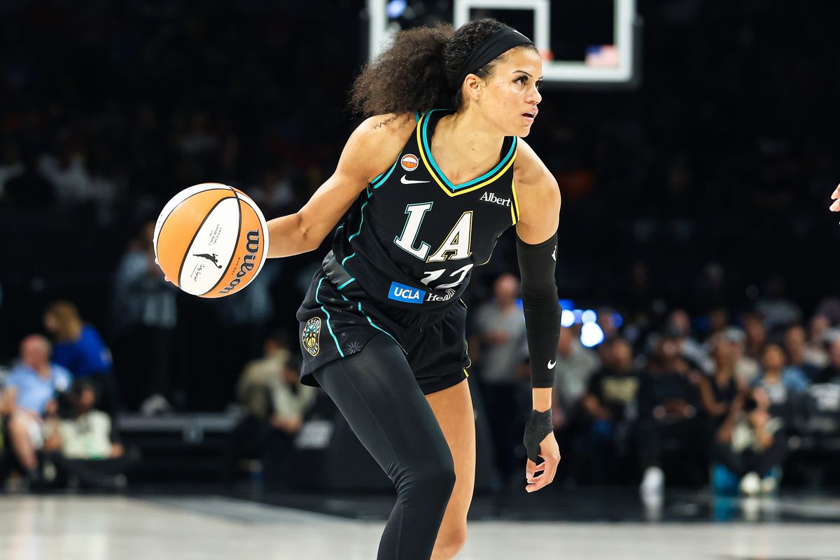 Los Angeles Sparks guard-forward Rae Burrell (12) looks to pass the ball during the first quarter of the WNBA game against the Las Vegas Aces on Tuesday, September 22, 2026, at Michelob ULTRA Arena in Las Vegas, Nevada. Los Angeles Sparks guard-forward Rae Burrell (12) looks to pass the ball during the first quarter of the WNBA game against the Las Vegas Aces on Tuesday, September 22, 2026, at Michelob ULTRA Arena in Las Vegas, Nevada.