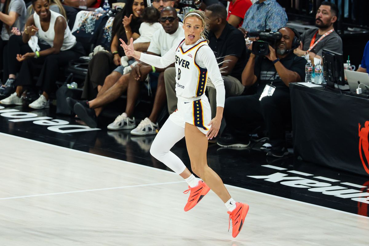 Indiana Fever guard Sophie Cunningham (8) reacts after scoring back-to-back three-point baskets in the first quarter of Round 1 Game 1 of the 2026 WNBA Playoffs against the Las Vegas Aces on Sunday, September 27, 2026, at Michelob ULTRA Arena in Las Vegas, Nevada.