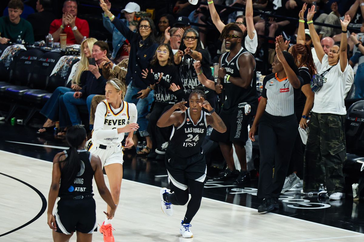 Las Vegas Aces guard Jewell Loyd (24) reacts after scoring a three-point basket against the Indiana Fever in the second quarter of Round 1 Game 1 of the 2026 WNBA Playoffs on Sunday, September 27, 2026, at Michelob ULTRA Arena in Las Vegas, Nevada.