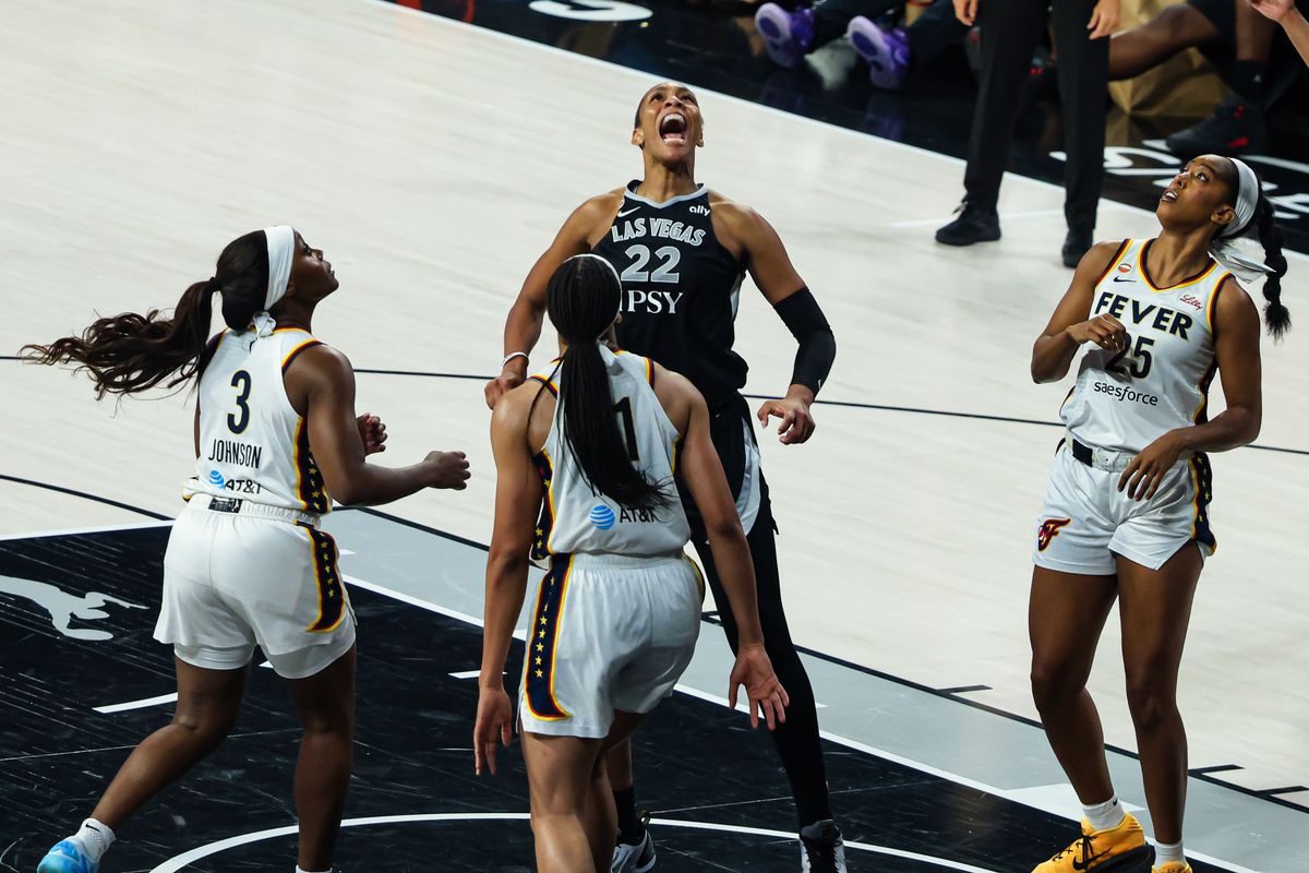 Las Vegas Aces center A'ja Wilson (22) reacts after scoring a basket against the Indiana Fever in the third quarter of Round 1 Game 1 of the 2026 WNBA Playoffs on Sunday, September 27, 2026, at Michelob ULTRA Arena in Las Vegas, Nevada.