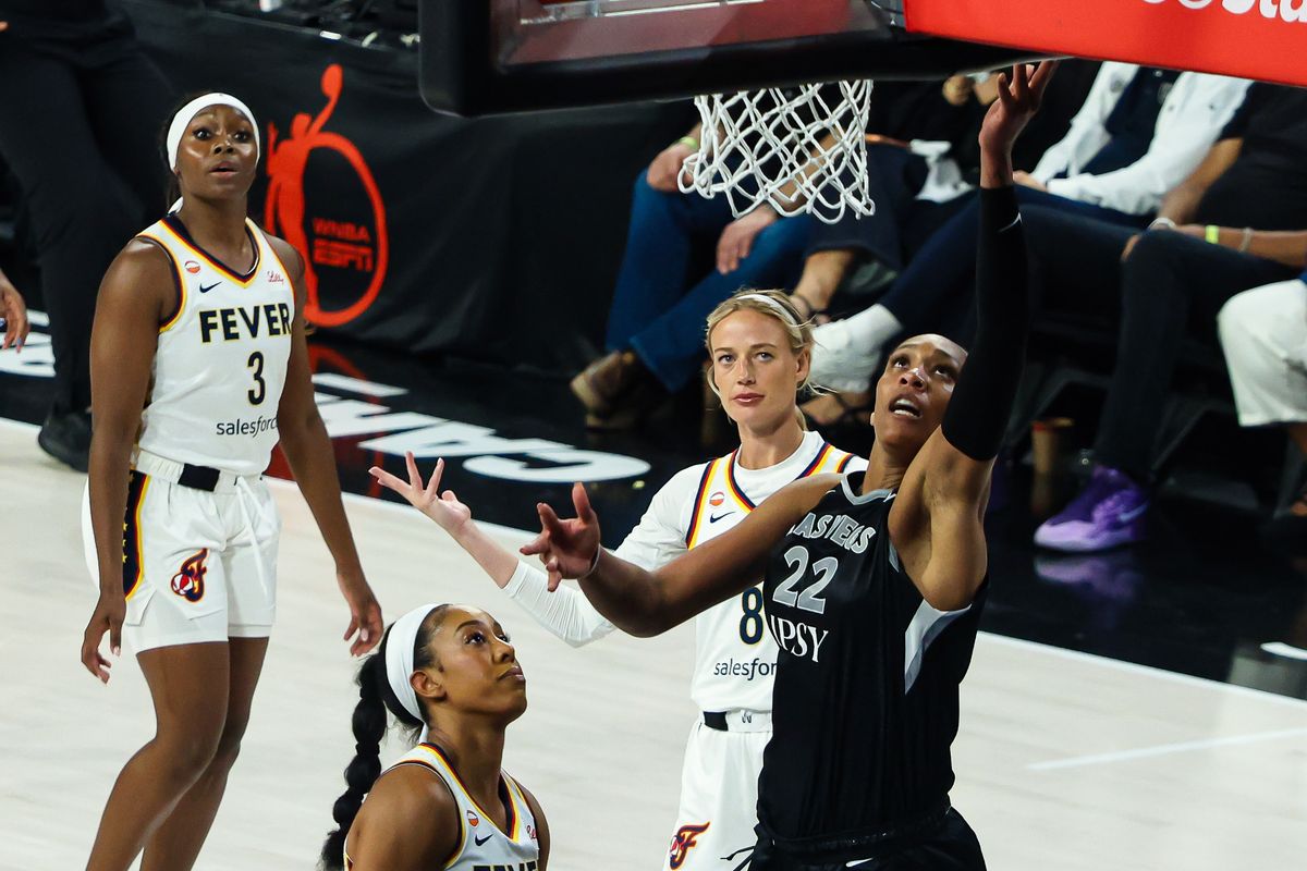 Las Vegas Aces center A'ja Wilson (22) makes a basket in the fourth quarter of Round 1 Game 1 of the 2026 WNBA Playoffs against the Indiana Fever on Sunday, September 27, 2026, at Michelob ULTRA Arena in Las Vegas, Nevada.