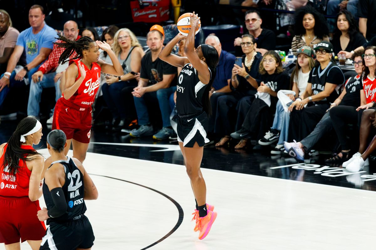 Las Vegas Aces guard Jackie Young (0) shoots a three-point shot during a WNBA Playoff Game against the Indiana Fever on Thursday, October 1, 2026 at Michelob ULTRA Arena in Las Vegas, Nevada.