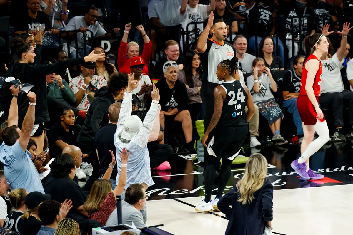 Las Vegas Aces guard Jewell Loyd celebrates a successful three-point shot with the crowd during a WNBA Playoff Game on Thursday, October 1, 2026 at Michelob ULTRA Arena in Las Vegas, Nevada.