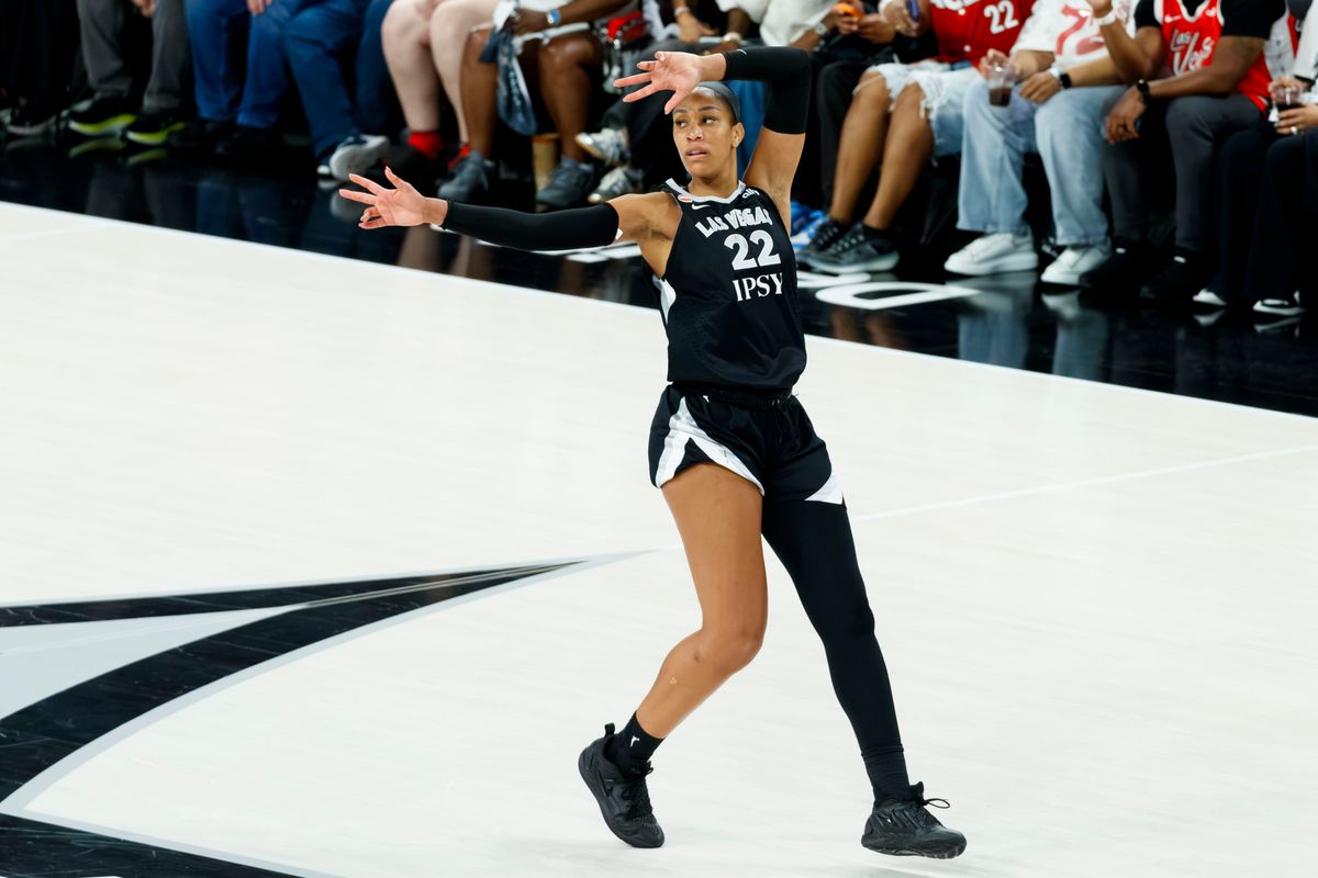 Las Vegas Aces center A’ja Wilson celebrates a three-point shot during a WNBA Playoff Game on Thursday, October 1, 2026 at Michelob ULTRA Arena in Las Vegas, Nevada.