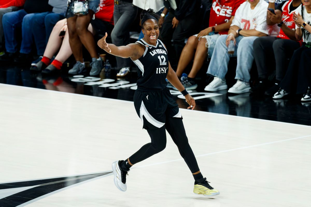 Las Vegas Aces guard Chelsea Gray celebrates a three-point shot during a WNBA Playoff Game on Thursday, October 1, 2026 at Michelob ULTRA Arena in Las Vegas, Nevada.
