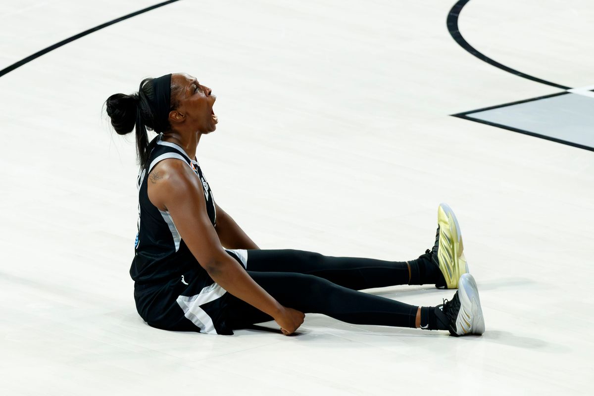 Las Vegas Aces guard Chelsea Gray celebrates coverting an and-one during a WNBA Playoff Game against the Indiana Fever on Thursday, October 1, 2026 at Michelob ULTRA Arena in Las Vegas, Nevada.