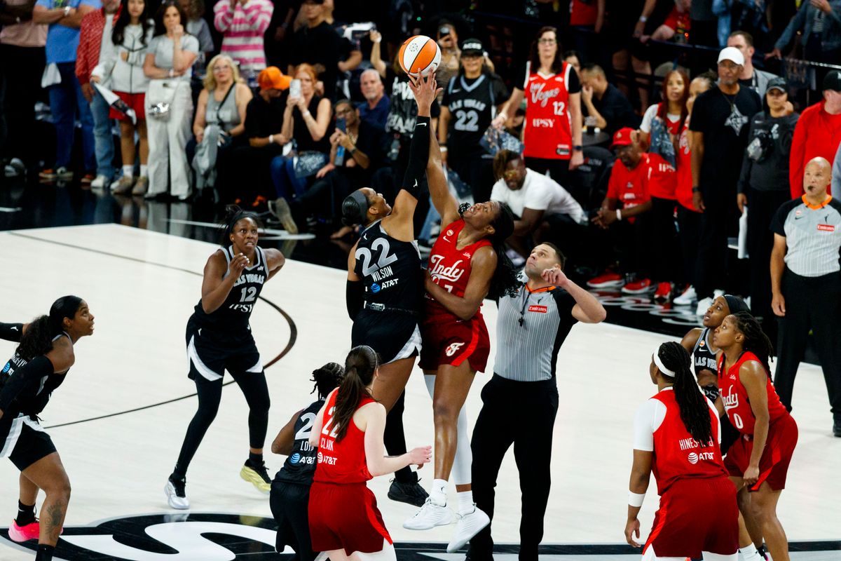 Las Vegas Aces center A’ja Wilson wins the jump ball during a WNBA Playoff Game against the Indiana Fever on Thursday, October 1, 2026 at Michelob ULTRA Arena in Las Vegas, Nevada.