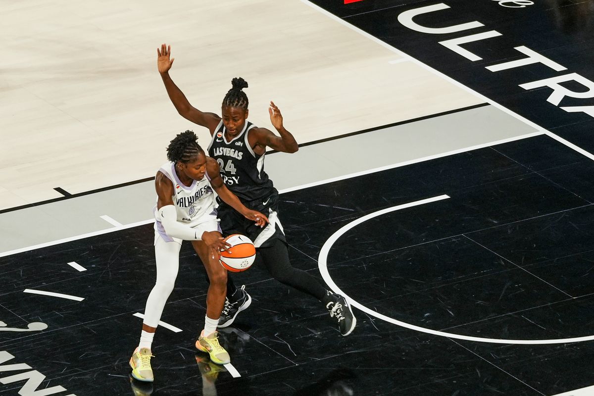 Las Vegas Aces guard Jewell Loyd (24) guards Golden State Valkyries Kaila Charles (6) during second quarter of WNBA game against the Golden State Valkyries on Friday October 9, 2026 at Michelob Ultra Arena in Las Vegas. Las Vegas Aces guard Jewell Loyd (24) guards Golden State Valkyries Kaila Charles (6) during second quarter of WNBA game against the Golden State Valkyries on Friday October 9, 2026 at Michelob Ultra Arena in Las Vegas.