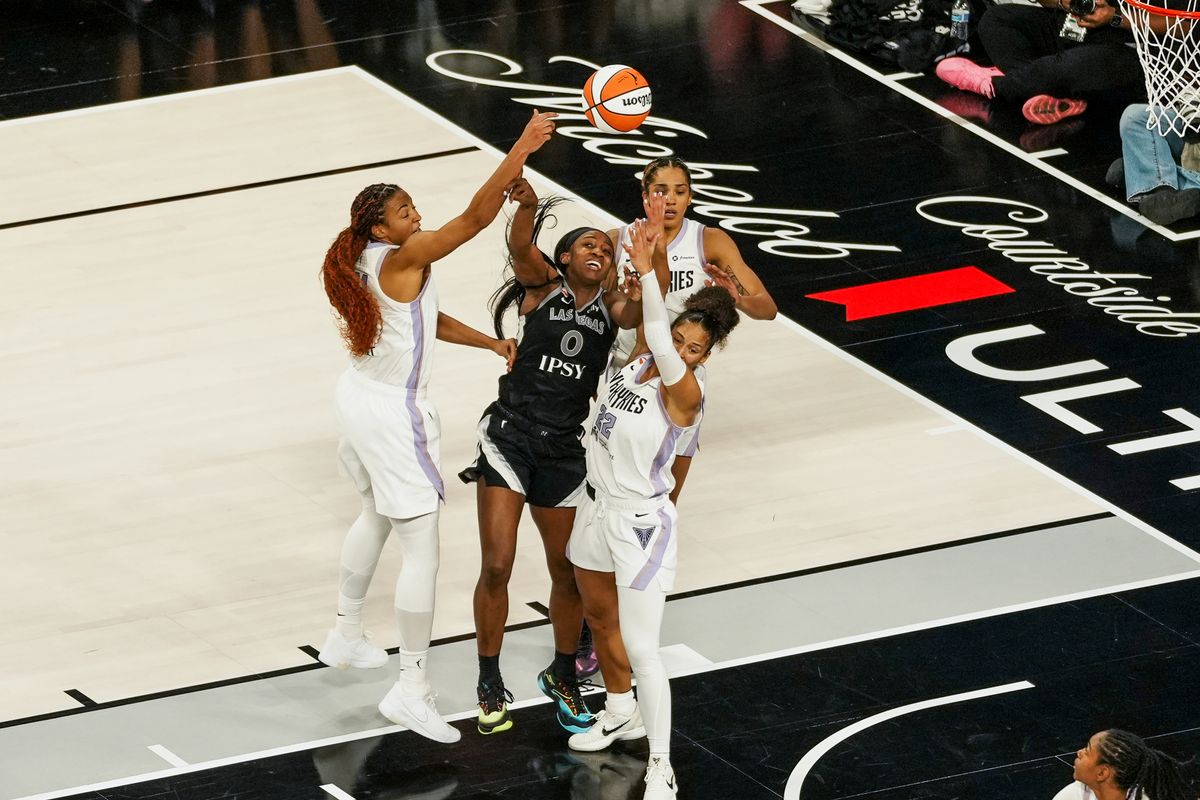 Las Vegas Aces guard Jackie Young (0) looses control of the ball during fourth quarter of WNBA game against the Golden State Valkyries on Friday October 9, 2026 at Michelob Ultra Arena in Las Vegas. Las Vegas Aces guard Jackie Young (0) looses control of the ball during fourth quarter of WNBA game against the Golden State Valkyries on Friday October 9, 2026 at Michelob Ultra Arena in Las Vegas.