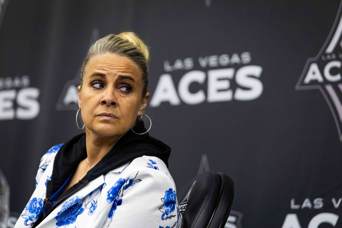 Las Vegas Aces Head Coach Becky Hammon talks to the media after an introductory press conference for Jewell Lloyd and Elizabeth Kitley, Tuesday February 25, 2025 in Las Vegas, Nev.