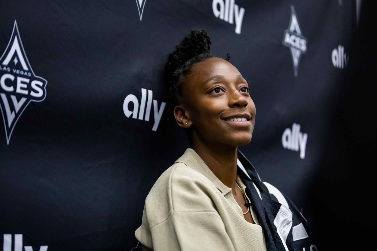Las Vegas Aces Jewell Lloyd talks to the media after an introductory press conference, Tuesday February 25, 2025 in Las Vegas, Nev.