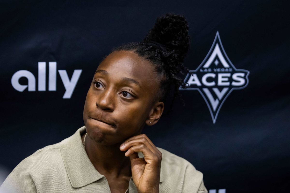 Las Vegas Aces Jewell Lloyd talks to the media after an introductory press conference, Tuesday February 25, 2025 in Las Vegas, Nev.